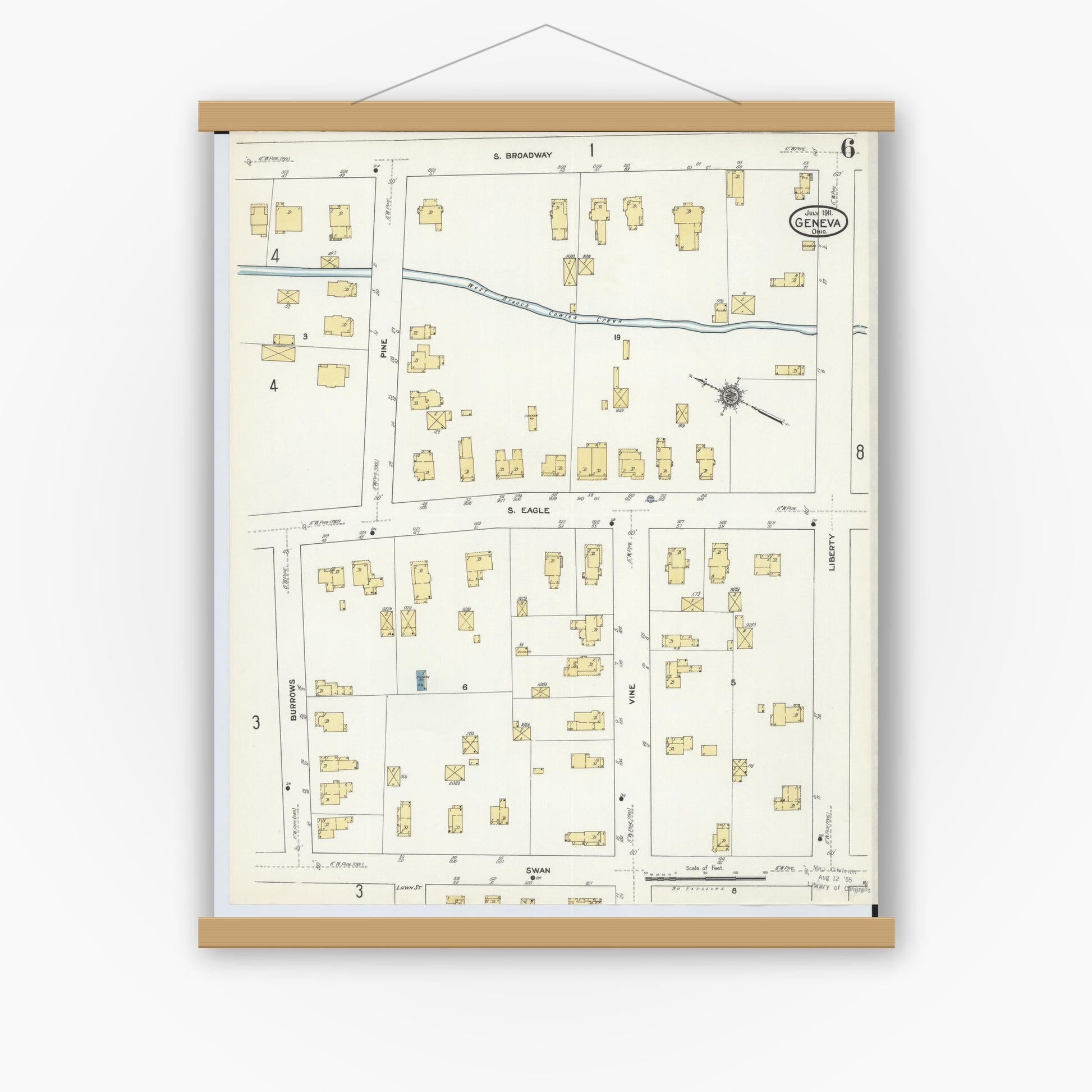 Old map wall art mockup — magnetic wood frame on white wall — Sanborn Fire Insurance Map from Geneva, Ashtabula County, Ohio (1911), Sheet #0006
