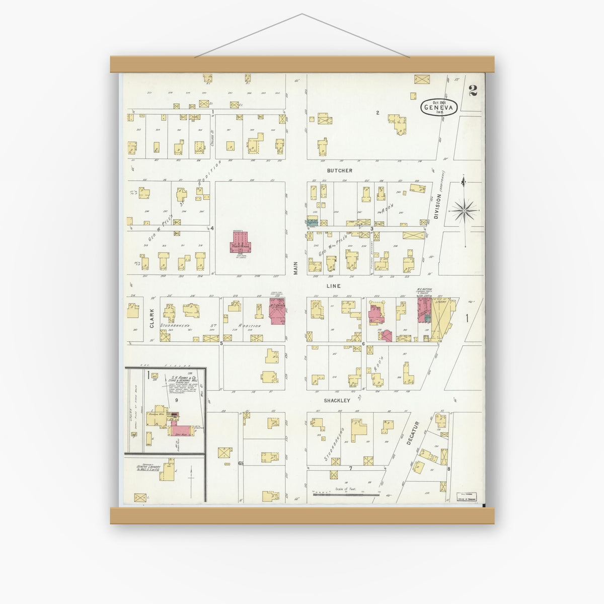 Old map wall art mockup — magnetic wood frame on white wall — Sanborn Fire Insurance Map from Geneva, Adams County, Indiana (1901), Sheet #0002