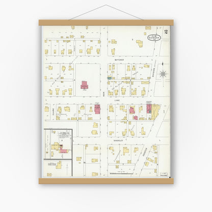 Old map wall art mockup — magnetic wood frame on white wall — Sanborn Fire Insurance Map from Geneva, Adams County, Indiana (1901), Sheet #0002