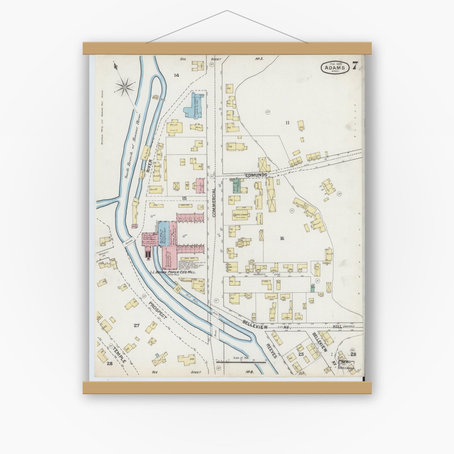 Old map wall art mockup — magnetic wood frame on white wall — Sanborn Fire Insurance Map from Adams, Berkshire County, Massachusetts (1889), Sheet #0007