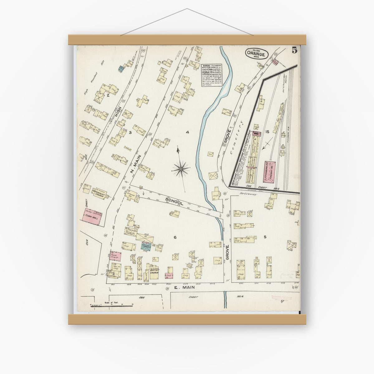 Old map wall art mockup — magnetic wood frame on white wall — Sanborn Fire Insurance Map from Orange, Franklin County, Massachusetts (1884), Sheet #0005