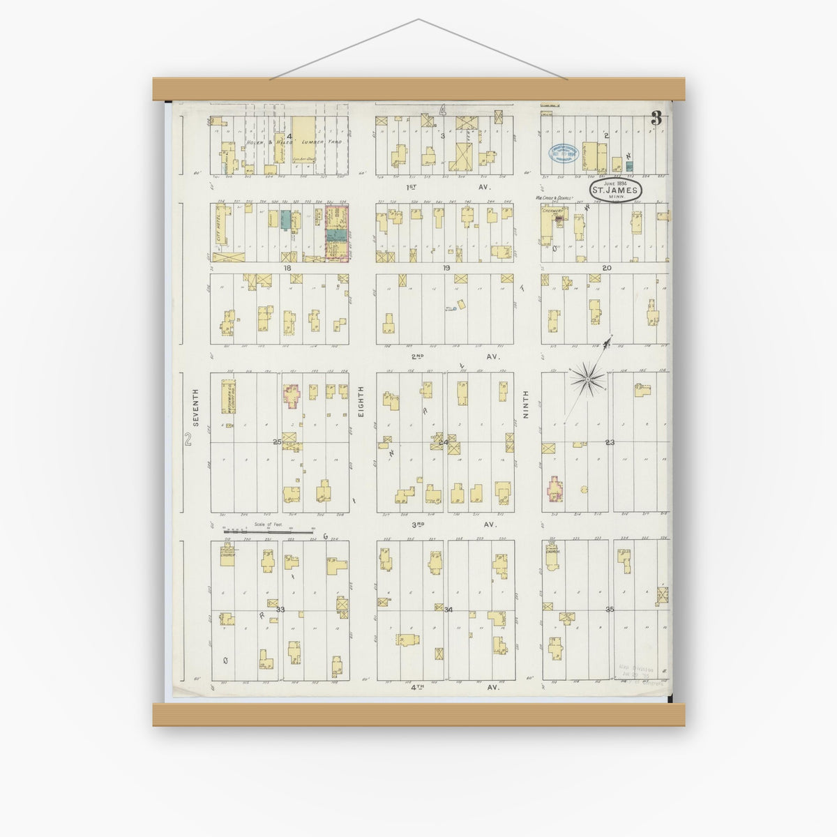 Old map wall art mockup — magnetic wood frame on white wall — Sanborn Fire Insurance Map from Saint James, Watonwan County, Minnesota (1894), Sheet #0003