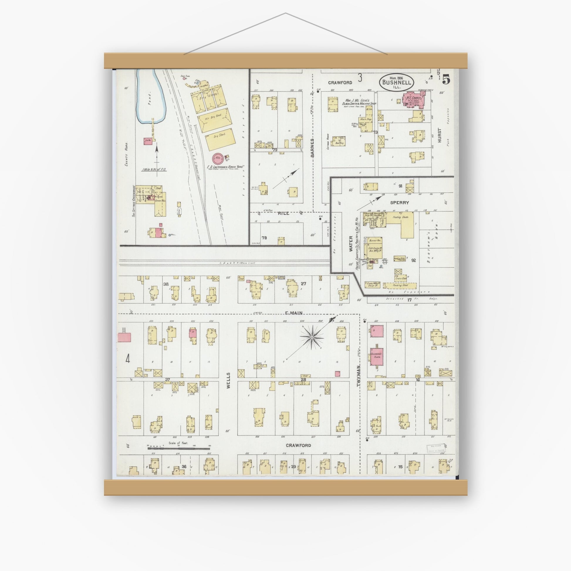 Old map wall art mockup — magnetic wood frame on white wall — Sanborn Fire Insurance Map from Bushnell, Mcdonough County, Illinois (1906), Sheet #0005