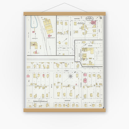 Old map wall art mockup — magnetic wood frame on white wall — Sanborn Fire Insurance Map from Bushnell, Mcdonough County, Illinois (1906), Sheet #0005