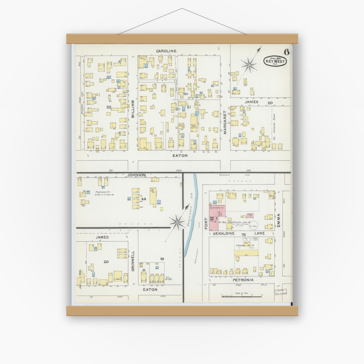 Old map wall art mockup — magnetic wood frame on white wall — Sanborn Fire Insurance Map from Key West, Monroe County, Florida (1892), Sheet #0006
