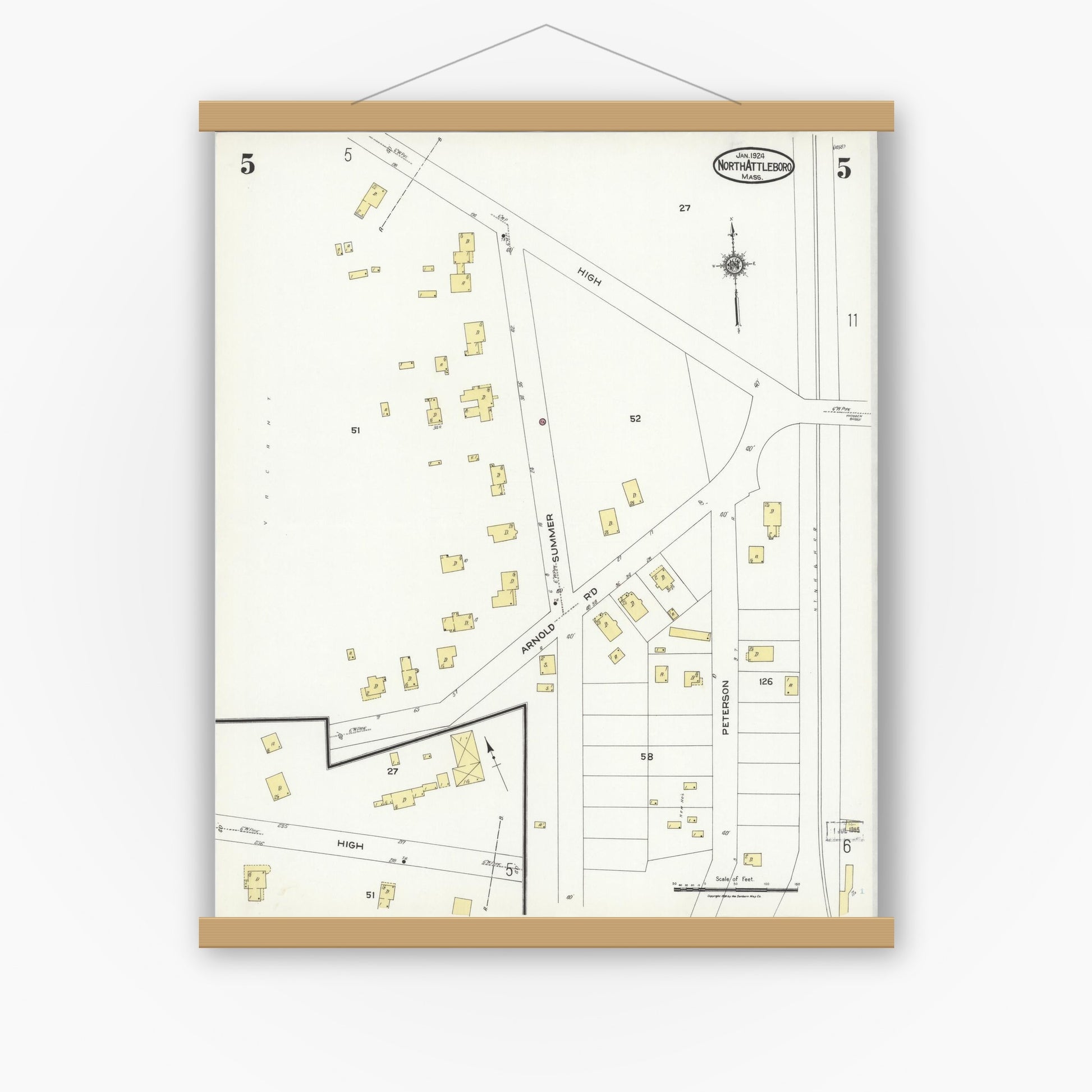 Old map wall art mockup — magnetic wood frame on white wall — Sanborn Fire Insurance Map from North Attleborough, Bristol County, Massachusetts (1924), Sheet #0005