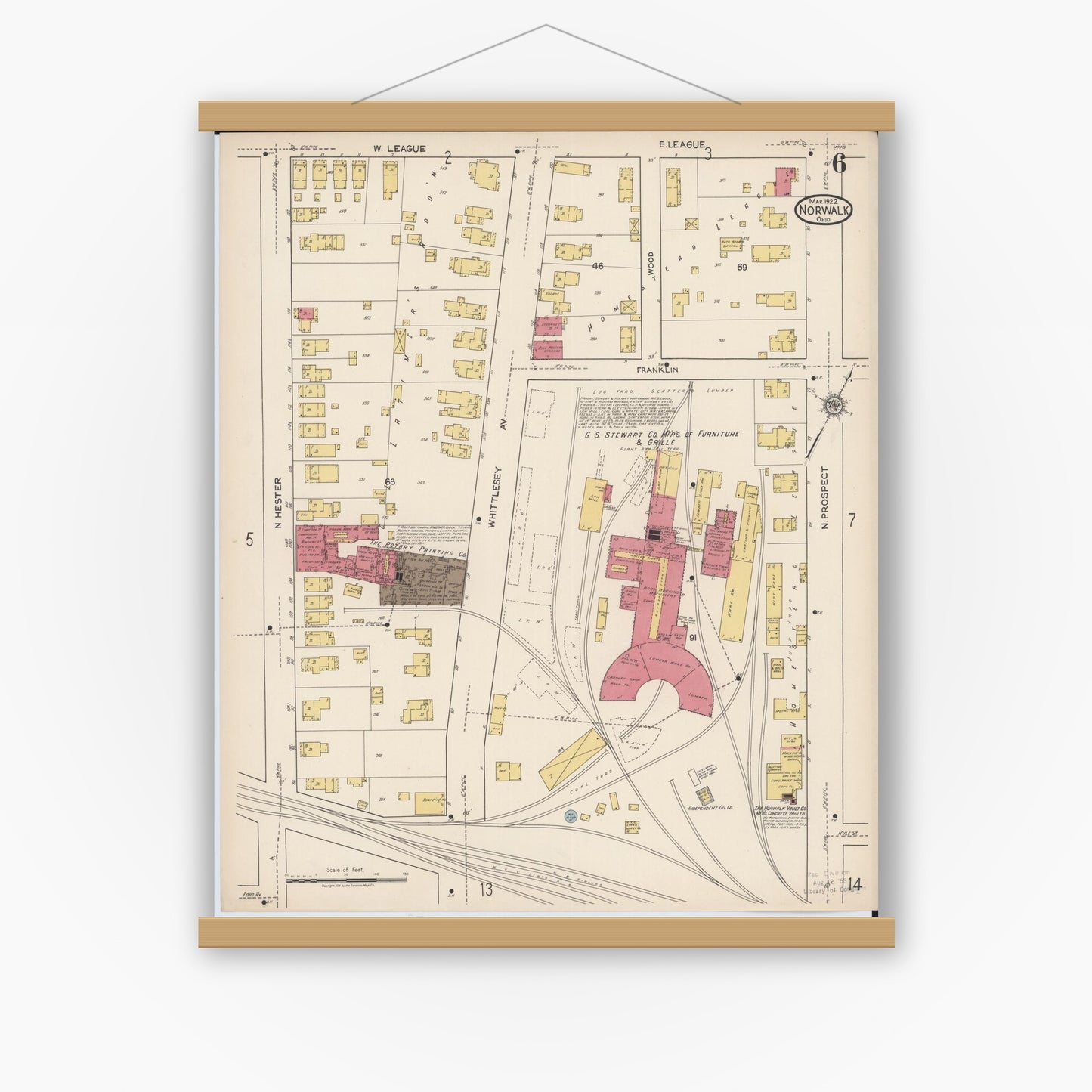 Old map wall art mockup — magnetic wood frame on white wall — Sanborn Fire Insurance Map from Norwalk, Huron County, Ohio (1922), Sheet #0006