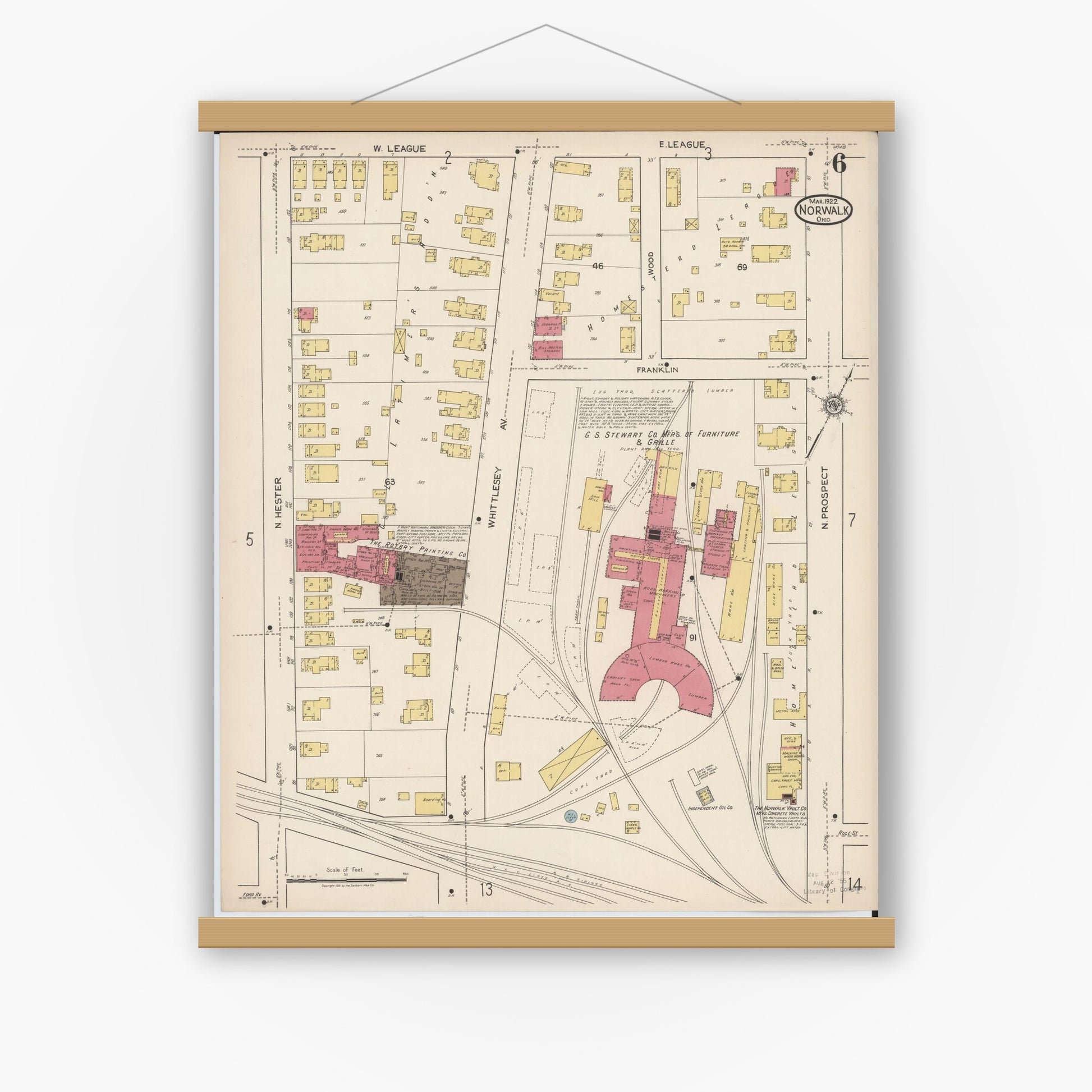 Old map wall art mockup — magnetic wood frame on white wall — Sanborn Fire Insurance Map from Norwalk, Huron County, Ohio (1922), Sheet #0006