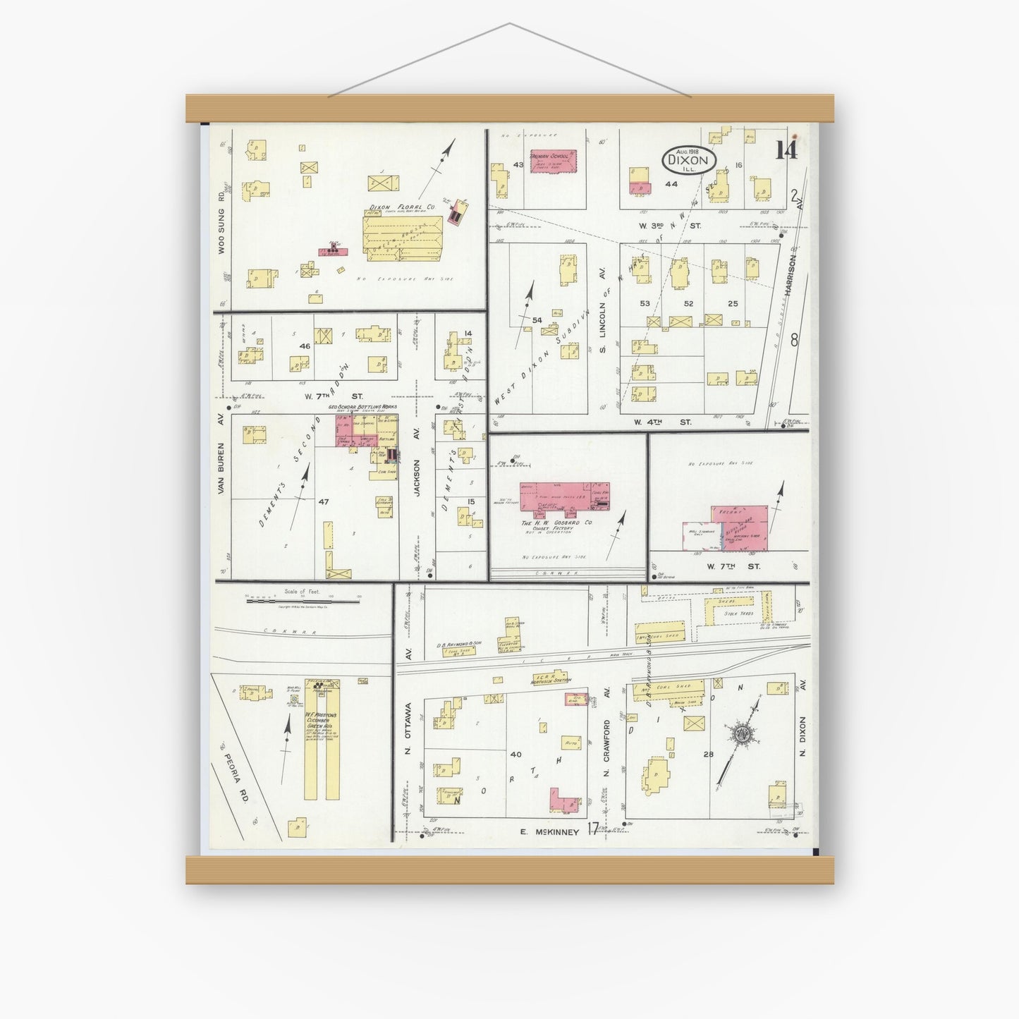 Old map wall art mockup — magnetic wood frame on white wall — Sanborn Fire Insurance Map from Dixon, Lee County, Illinois (1918), Sheet #0014