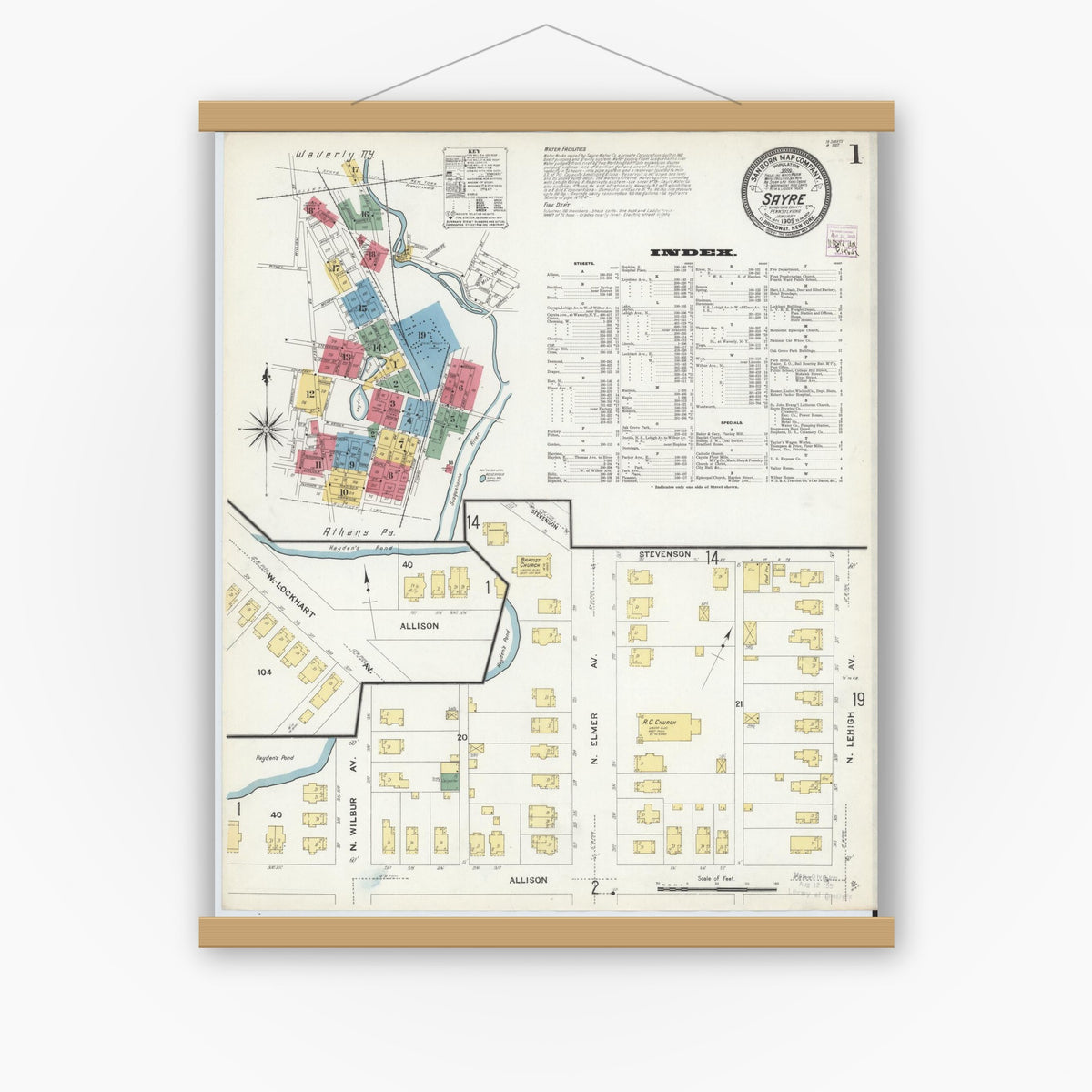 Old map wall art mockup — magnetic wood frame on white wall — Sanborn Fire Insurance Map from Sayre, Bradford County, Pennsylvania (1909) - Complete Map Set