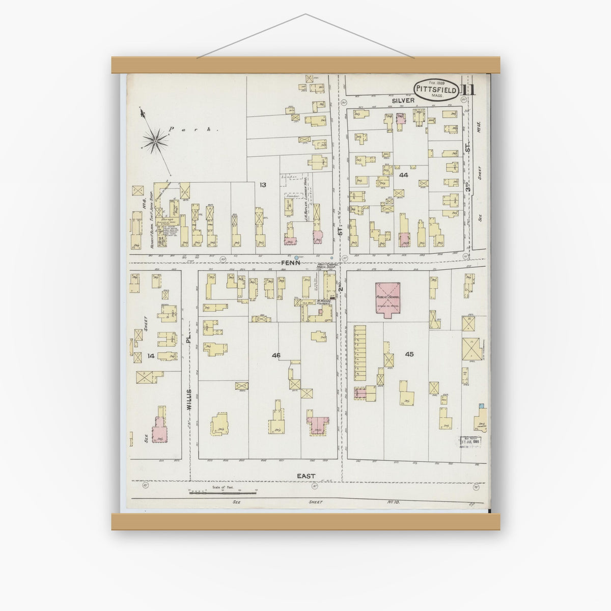 Old map wall art mockup — magnetic wood frame on white wall — Sanborn Fire Insurance Map from Pittsfield, Berkshire County, Massachusetts (1889), Sheet #0011