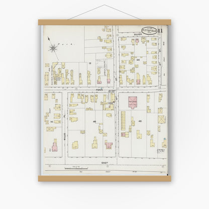 Old map wall art mockup — magnetic wood frame on white wall — Sanborn Fire Insurance Map from Pittsfield, Berkshire County, Massachusetts (1889), Sheet #0011
