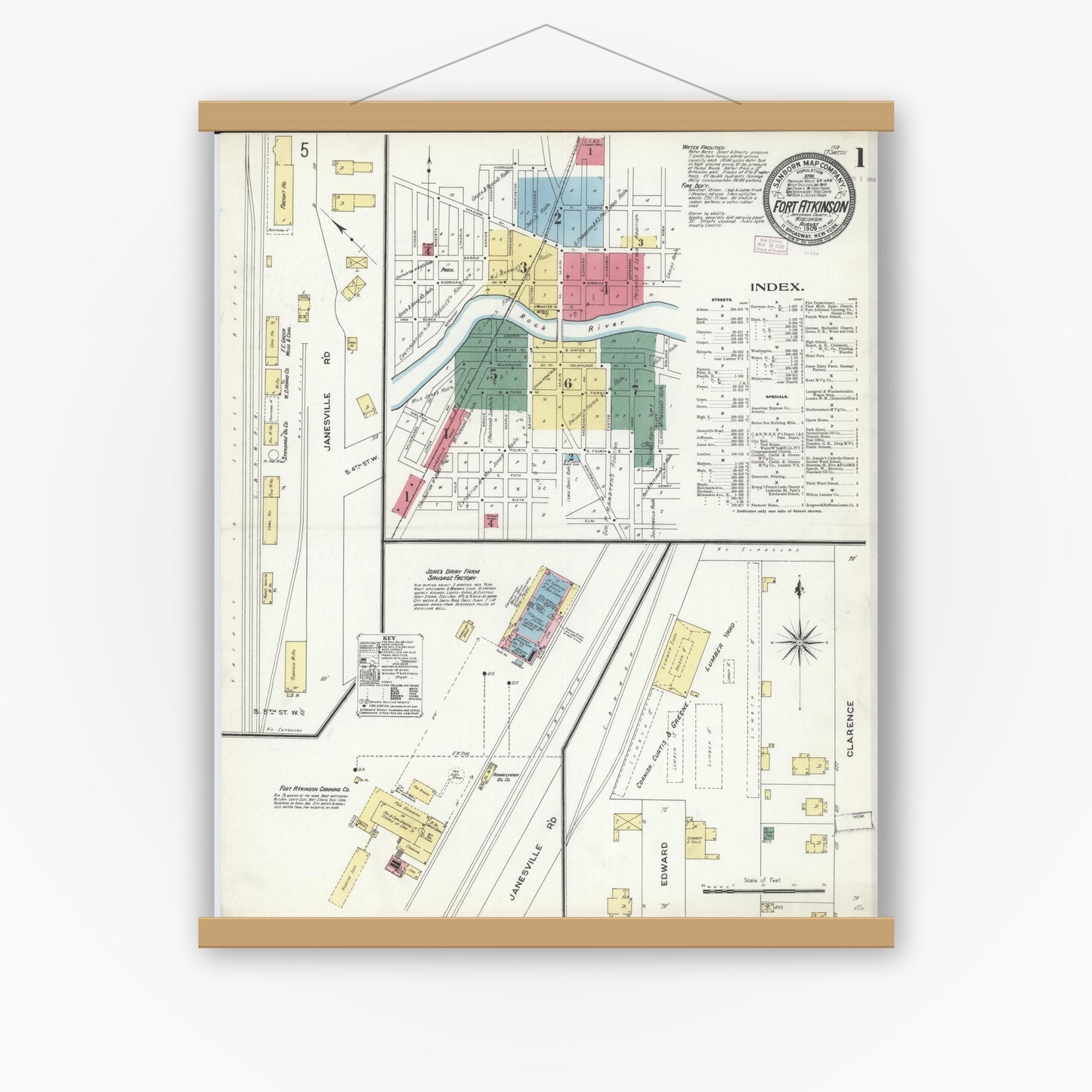 Old map wall art mockup — magnetic wood frame on white wall — Sanborn Fire Insurance Map from Fort Atkinson, Jefferson County, Wisconsin (1909) - Complete Map Set