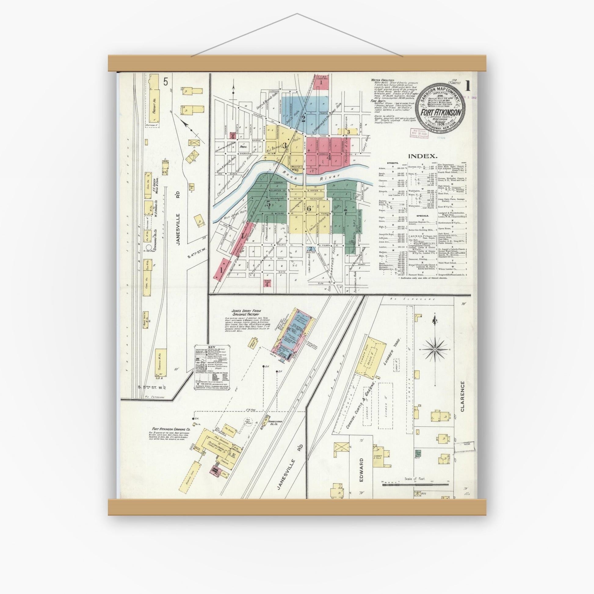 Old map wall art mockup — magnetic wood frame on white wall — Sanborn Fire Insurance Map from Fort Atkinson, Jefferson County, Wisconsin (1909) - Complete Map Set