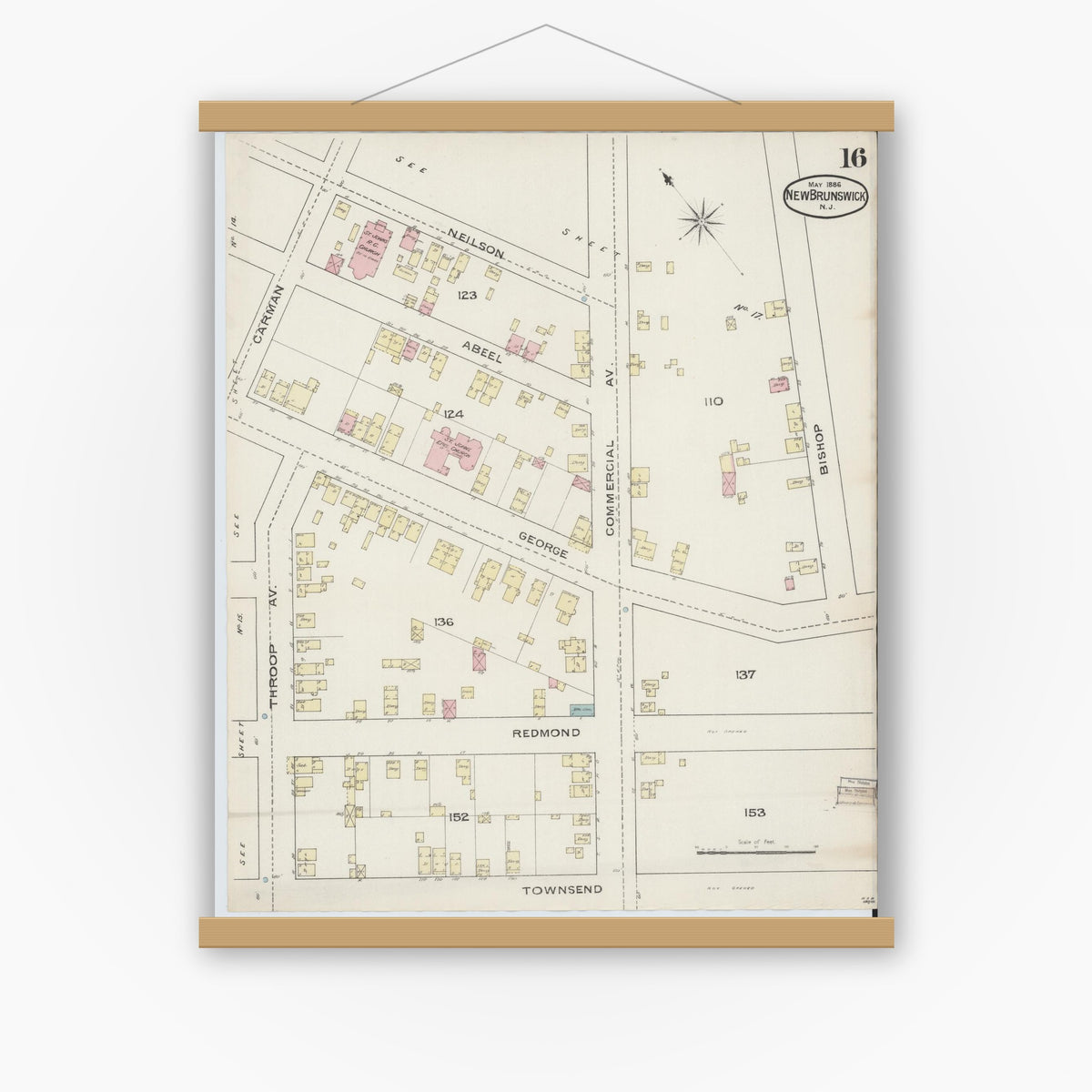 Old map wall art mockup — magnetic wood frame on white wall — Sanborn Fire Insurance Map from New Brunswick, Middlesex County, New Jersey (1886), Sheet #0016