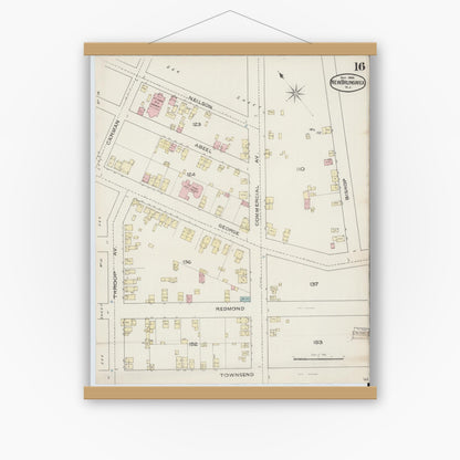 Old map wall art mockup — magnetic wood frame on white wall — Sanborn Fire Insurance Map from New Brunswick, Middlesex County, New Jersey (1886), Sheet #0016