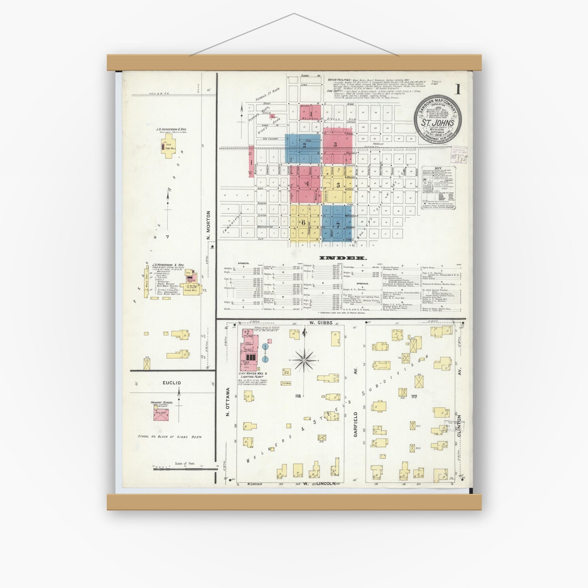 Old map wall art mockup — magnetic wood frame on white wall — Sanborn Fire Insurance Map from Saint Johns, Clinton County, Michigan (1908) - Complete Map Set