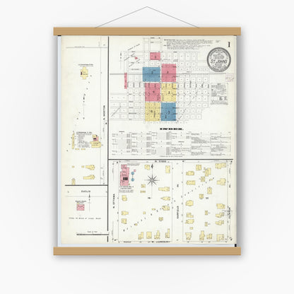 Old map wall art mockup — magnetic wood frame on white wall — Sanborn Fire Insurance Map from Saint Johns, Clinton County, Michigan (1908) - Complete Map Set