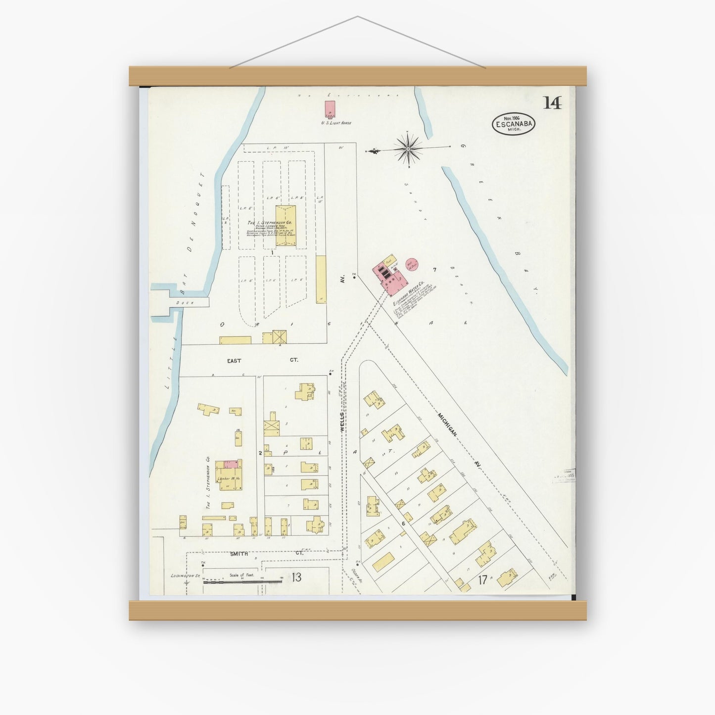 Old map wall art mockup — magnetic wood frame on white wall — Sanborn Fire Insurance Map from Escanaba, Delta County, Michigan (1906), Sheet #0014