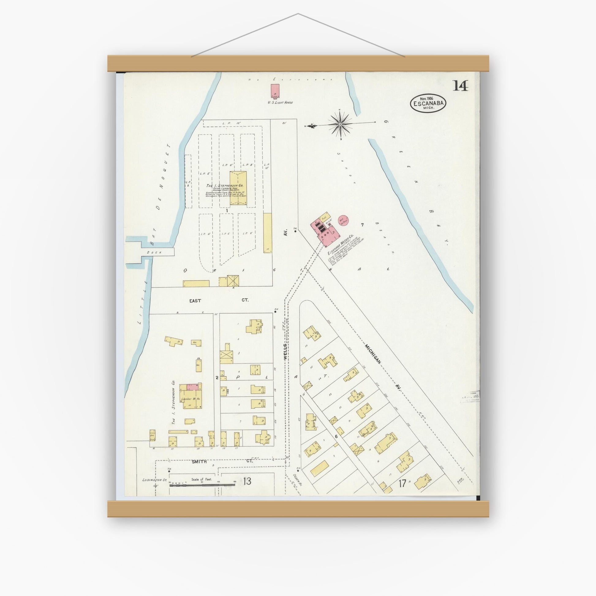 Old map wall art mockup — magnetic wood frame on white wall — Sanborn Fire Insurance Map from Escanaba, Delta County, Michigan (1906), Sheet #0014