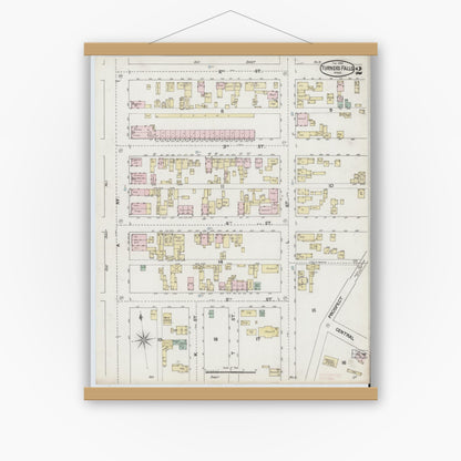 Old map wall art mockup — magnetic wood frame on white wall — Sanborn Fire Insurance Map from Turners Falls, Franklin County, Massachusetts (1889), Sheet #0002