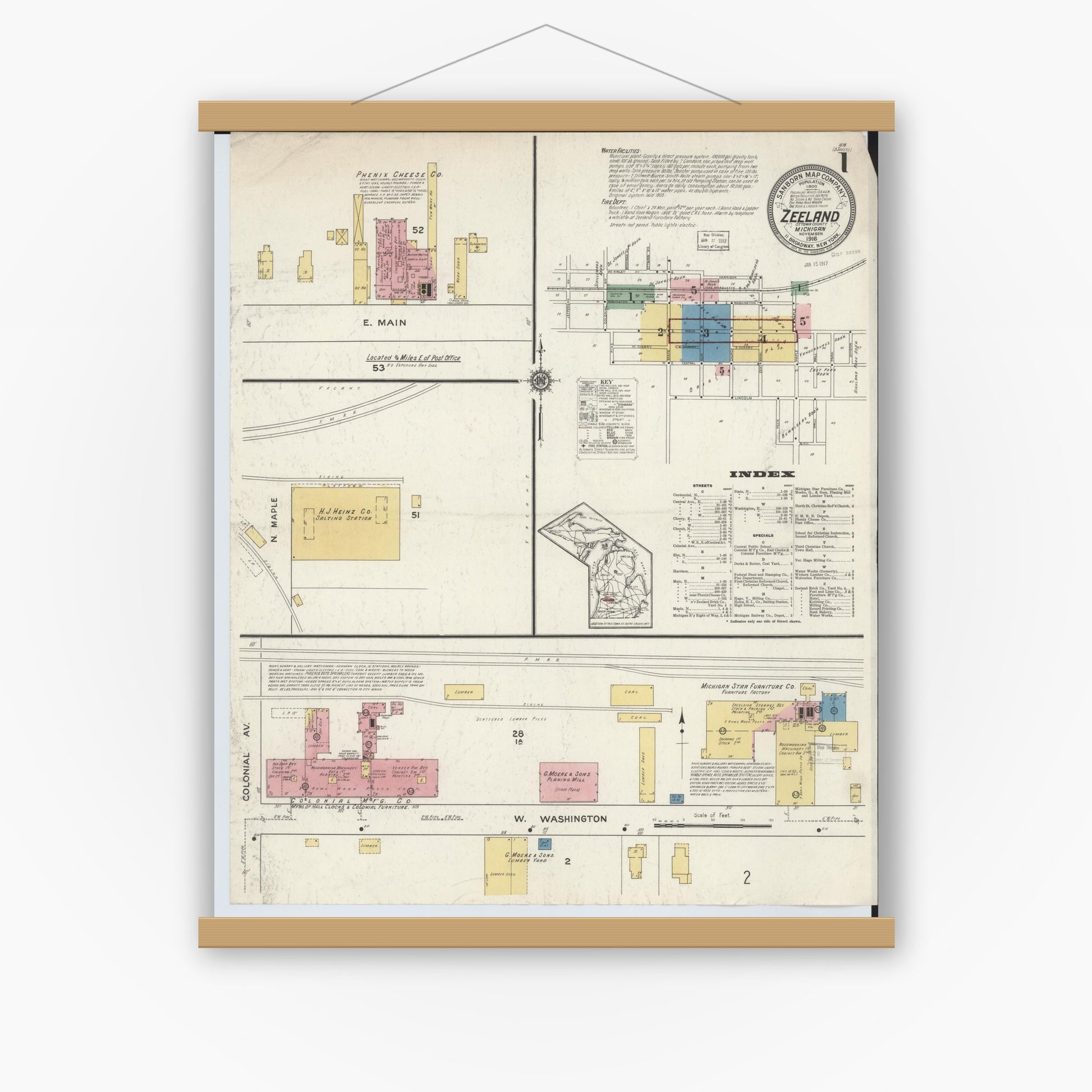 Old map wall art mockup — magnetic wood frame on white wall — Sanborn Fire Insurance Map from Zeeland, Ottawa County, Michigan (1916) - Complete Map Set