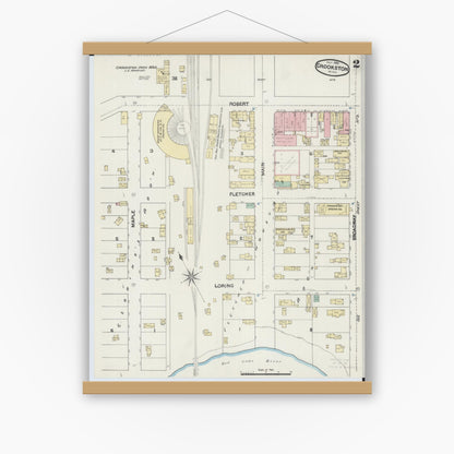 Old map wall art mockup — magnetic wood frame on white wall — Sanborn Fire Insurance Map from Crookston, Polk County, Minnesota (1890), Sheet #0002