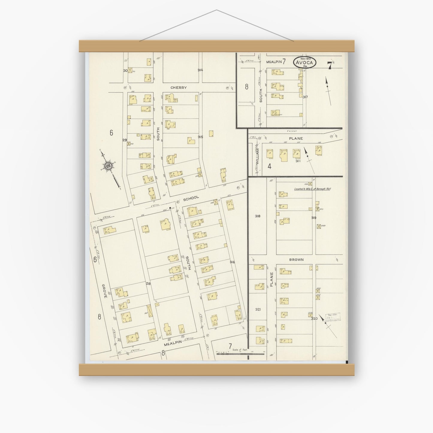 Old map wall art mockup — magnetic wood frame on white wall — Sanborn Fire Insurance Map from Avoca, Luzerne County, Pennsylvania (1913), Sheet #0007