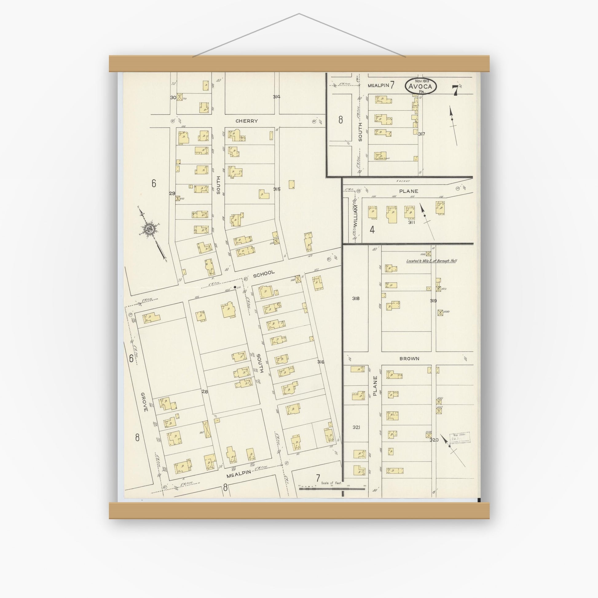 Old map wall art mockup — magnetic wood frame on white wall — Sanborn Fire Insurance Map from Avoca, Luzerne County, Pennsylvania (1913), Sheet #0007