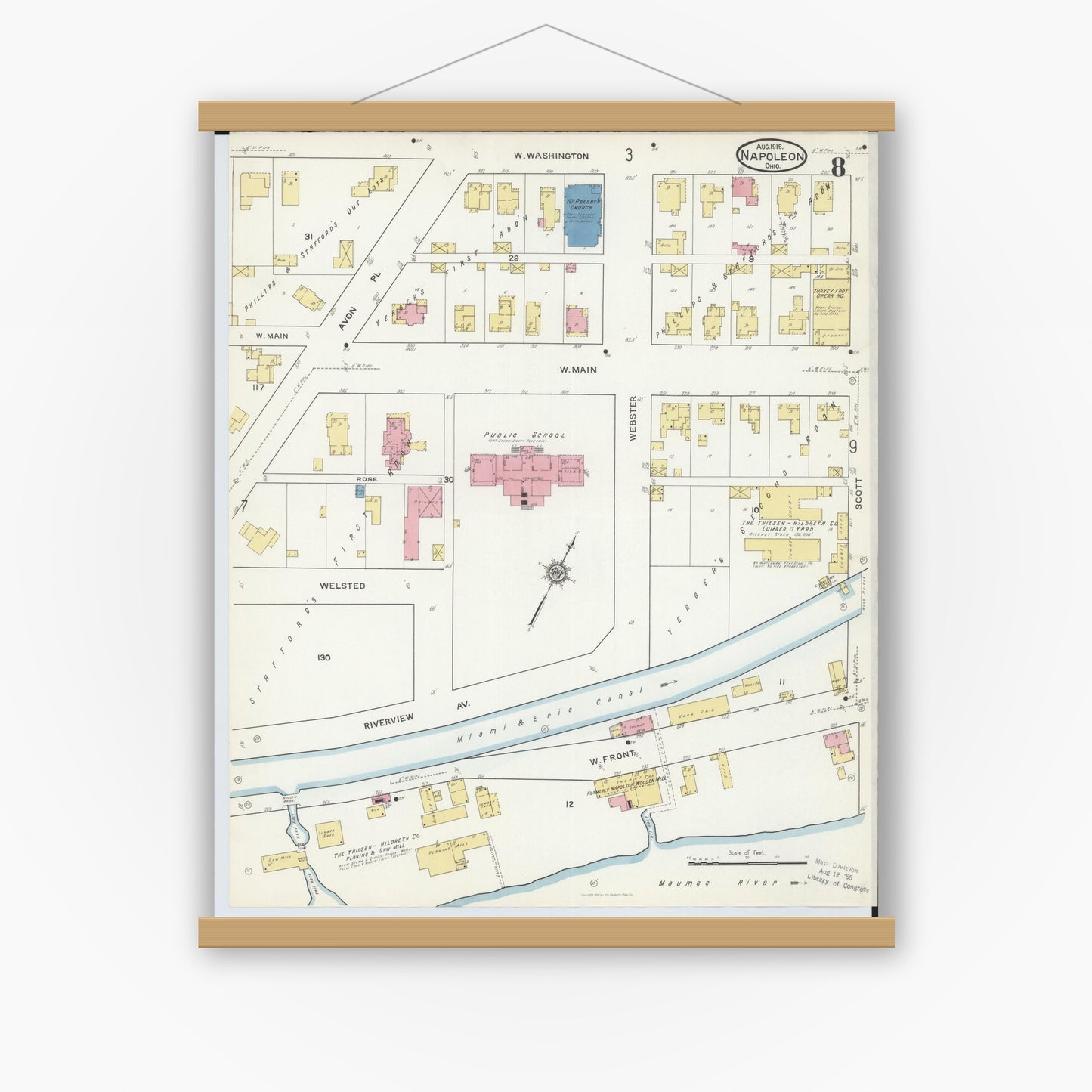 Old map wall art mockup — magnetic wood frame on white wall — Sanborn Fire Insurance Map from Napoleon, Henry County, Ohio (1916), Sheet #0008