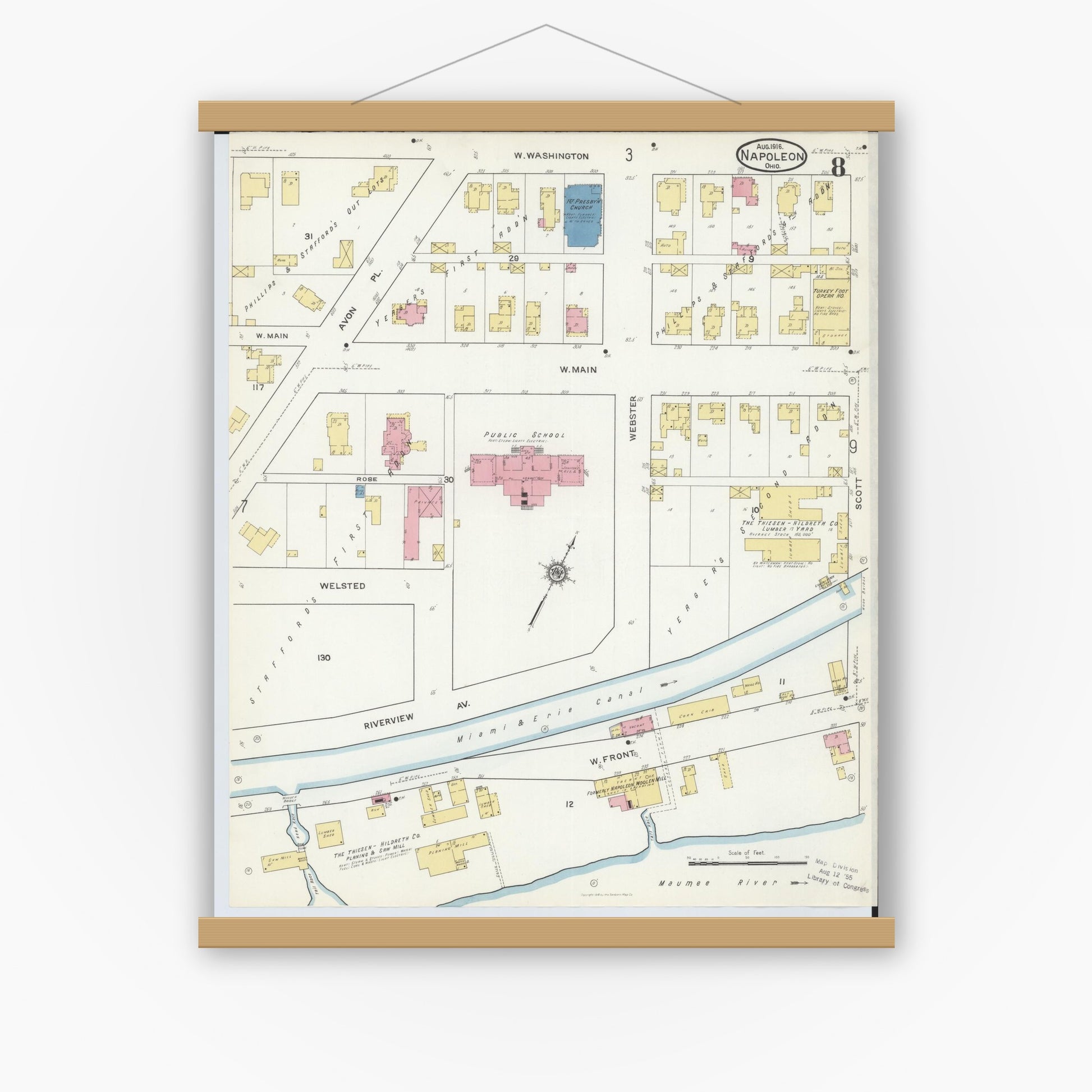 Old map wall art mockup — magnetic wood frame on white wall — Sanborn Fire Insurance Map from Napoleon, Henry County, Ohio (1916), Sheet #0008