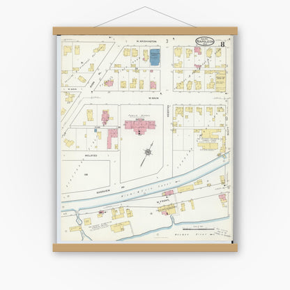 Old map wall art mockup — magnetic wood frame on white wall — Sanborn Fire Insurance Map from Napoleon, Henry County, Ohio (1916), Sheet #0008