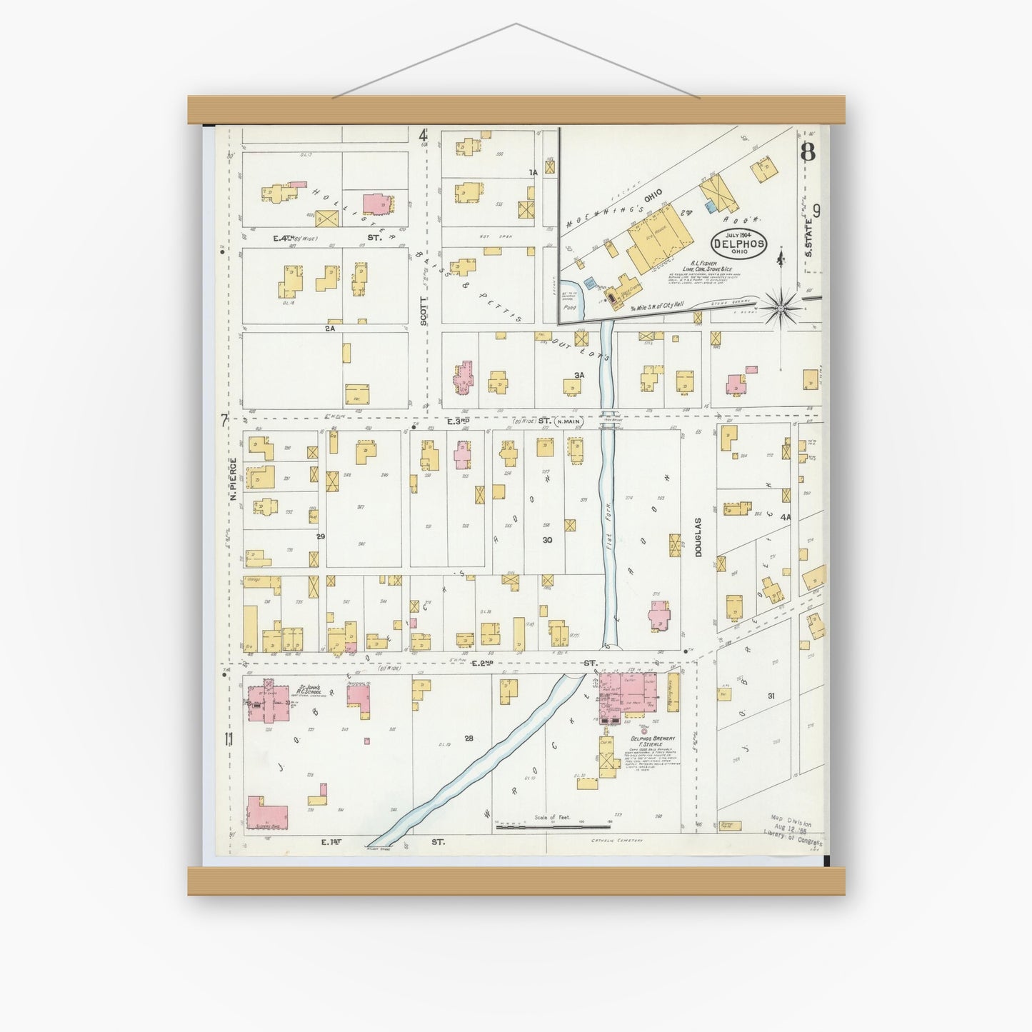 Old map wall art mockup — magnetic wood frame on white wall — Sanborn Fire Insurance Map from Delphos, Van Wert And Allen Counties, Ohio (1904), Sheet #0008