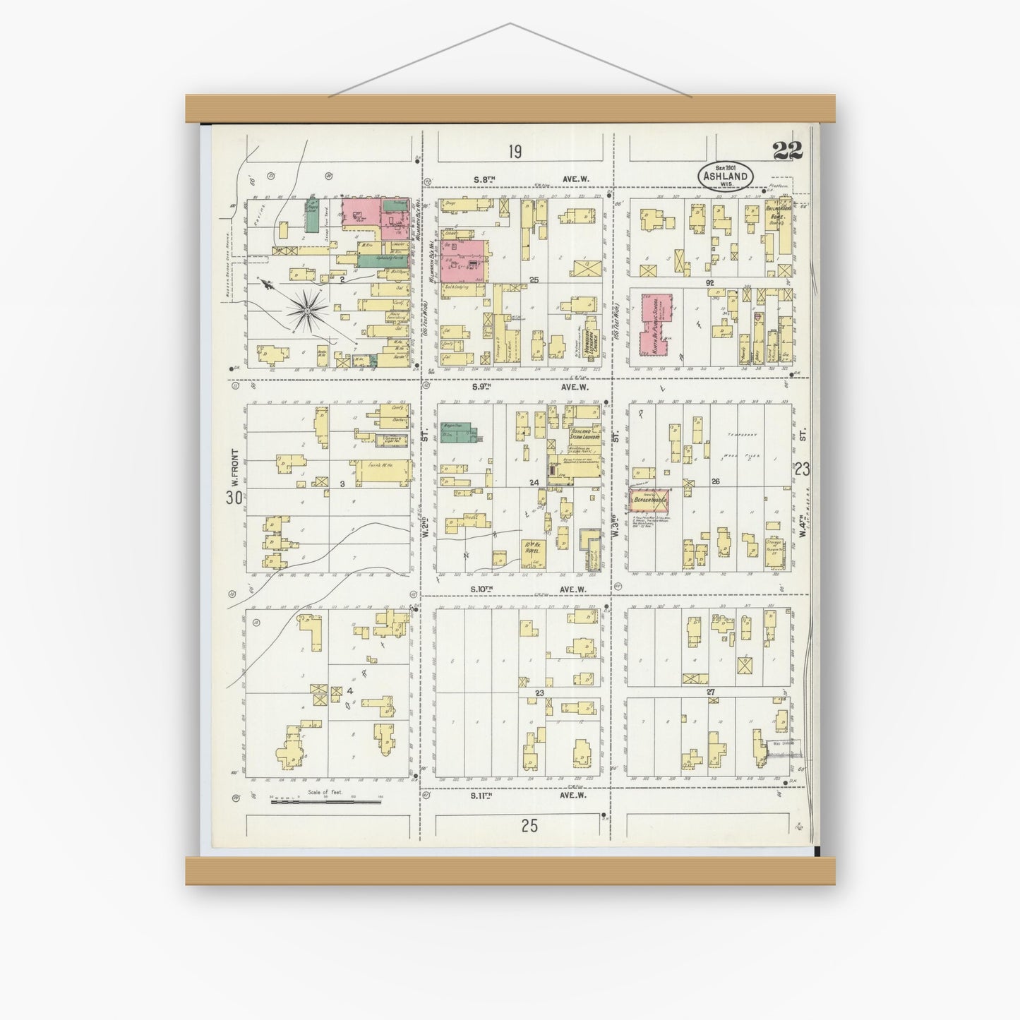 Old map wall art mockup — magnetic wood frame on white wall — Sanborn Fire Insurance Map from Ashland, Ashland County, Wisconsin (1901), Sheet #0022