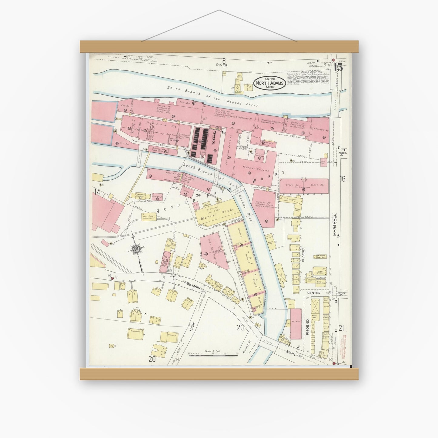 Old map wall art mockup — magnetic wood frame on white wall — Sanborn Fire Insurance Map from North Adams, Berkshire County, Massachusetts (1914), Sheet #0015