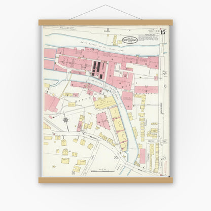 Old map wall art mockup — magnetic wood frame on white wall — Sanborn Fire Insurance Map from North Adams, Berkshire County, Massachusetts (1914), Sheet #0015