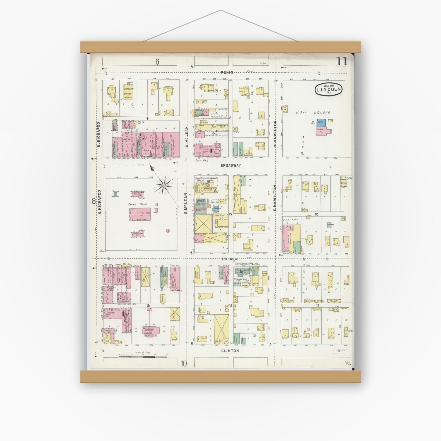 Old map wall art mockup — magnetic wood frame on white wall — Sanborn Fire Insurance Map from Lincoln, Logan County, Illinois (1896), Sheet #0011