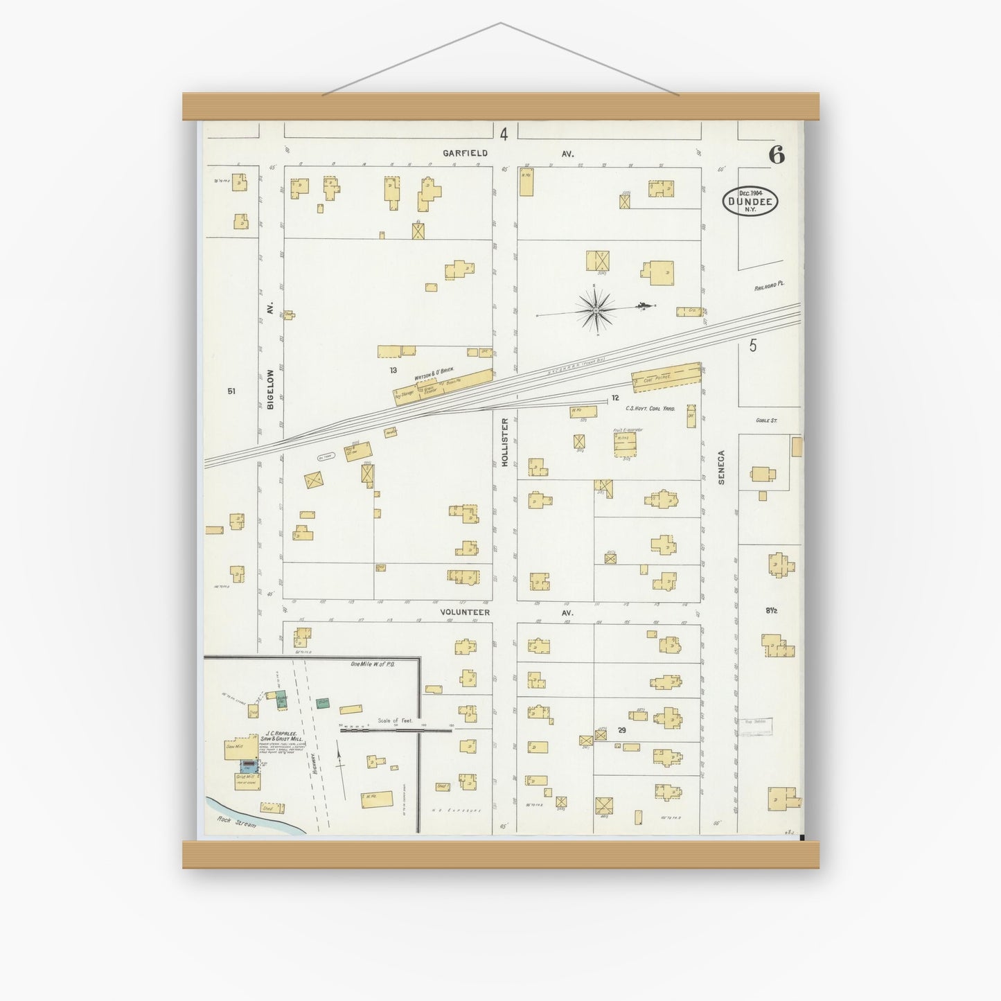 Old map wall art mockup — magnetic wood frame on white wall — Sanborn Fire Insurance Map from Dundee, Yates County, New York (1904), Sheet #0006