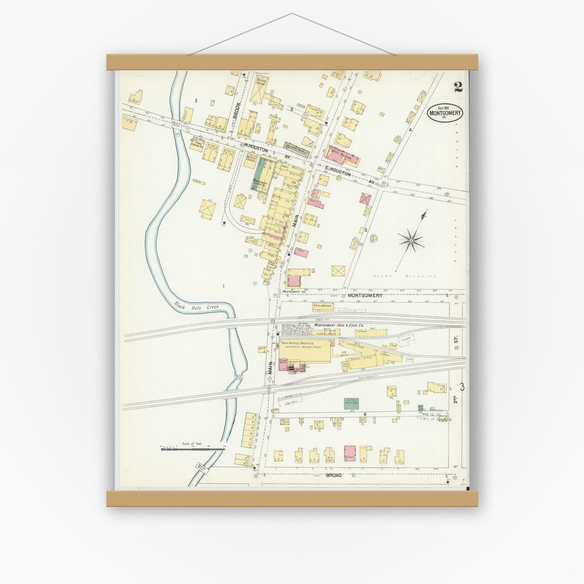 Old map wall art mockup — magnetic wood frame on white wall — Sanborn Fire Insurance Map from Montgomery, Lycoming County, Pennsylvania (1901), Sheet #0002