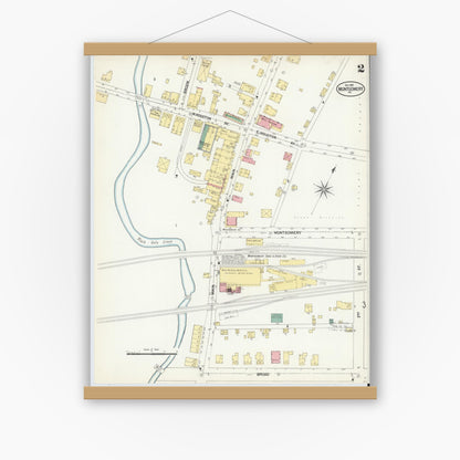 Old map wall art mockup — magnetic wood frame on white wall — Sanborn Fire Insurance Map from Montgomery, Lycoming County, Pennsylvania (1901), Sheet #0002