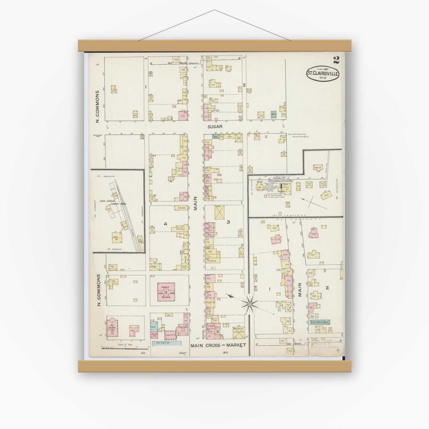 Old map wall art mockup — magnetic wood frame on white wall — Sanborn Fire Insurance Map from Saint Clairsville, Belmont County, Ohio (1887), Sheet #0002