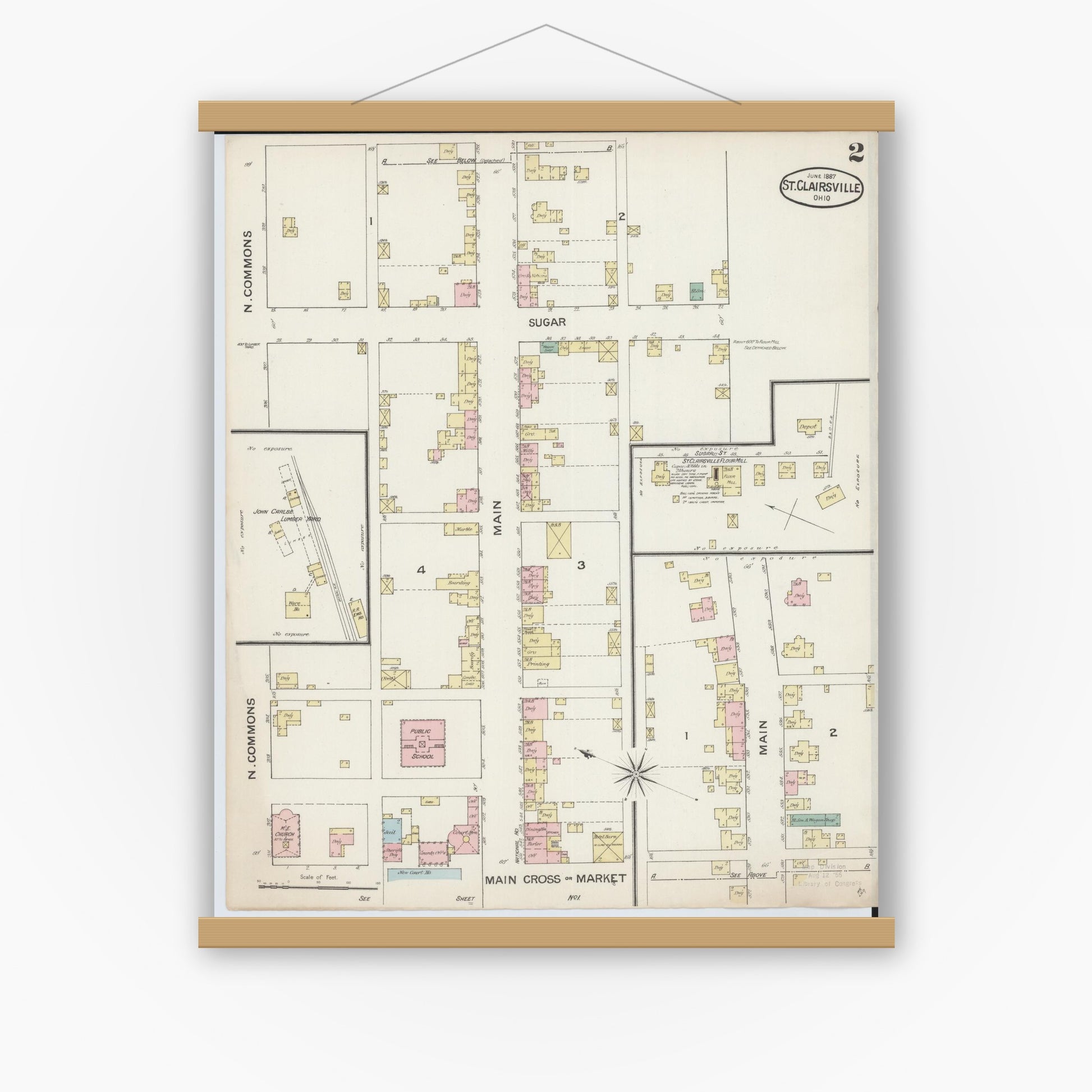 Old map wall art mockup — magnetic wood frame on white wall — Sanborn Fire Insurance Map from Saint Clairsville, Belmont County, Ohio (1887), Sheet #0002