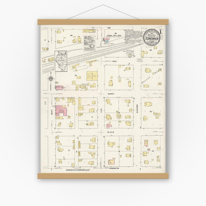 Old map wall art mockup — magnetic wood frame on white wall — Sanborn Fire Insurance Map from Somonauk, De Kalb County, Illinois (1921), Sheet #0001