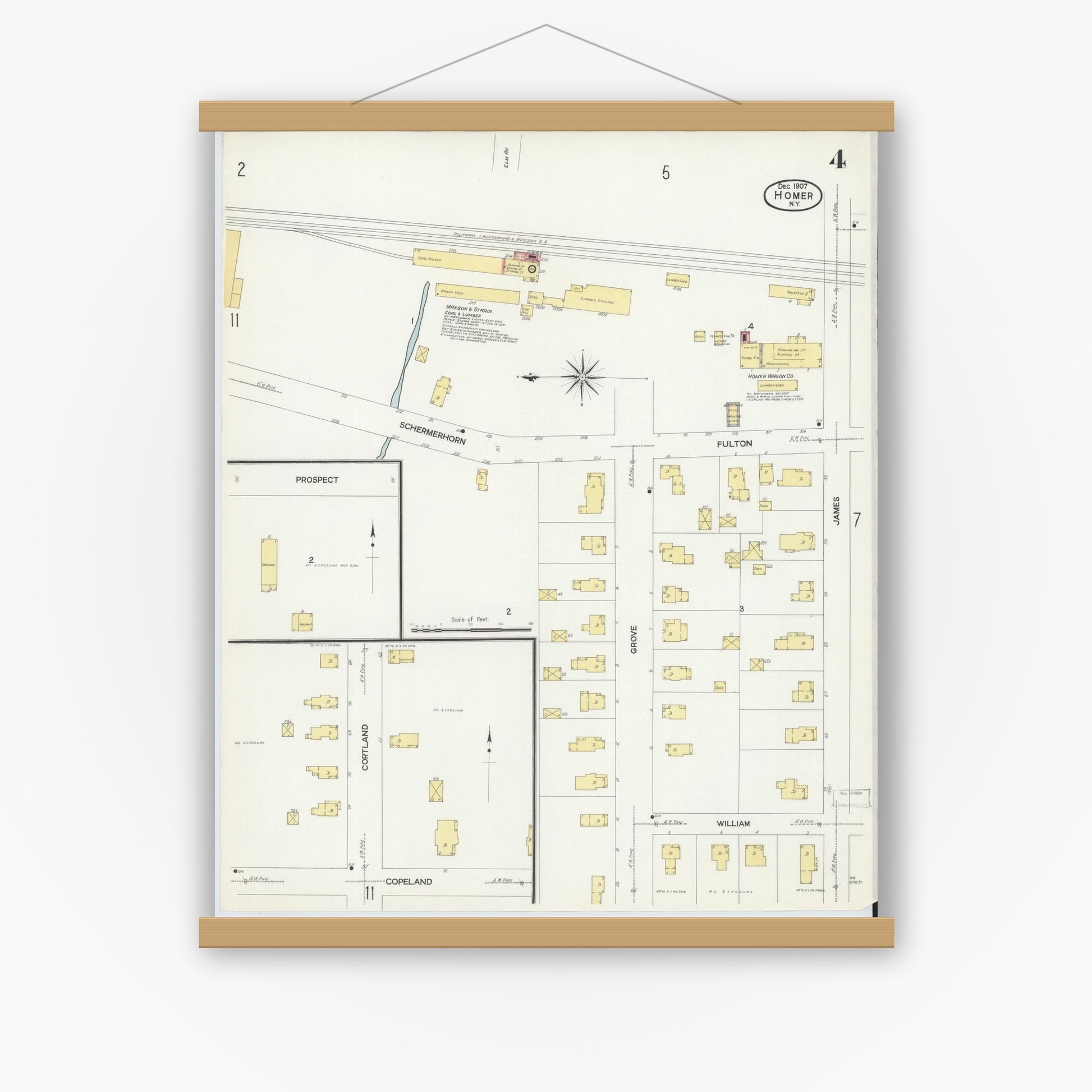 Old map wall art mockup — magnetic wood frame on white wall — Sanborn Fire Insurance Map from Homer, Cortland County, New York (1907), Sheet #0004