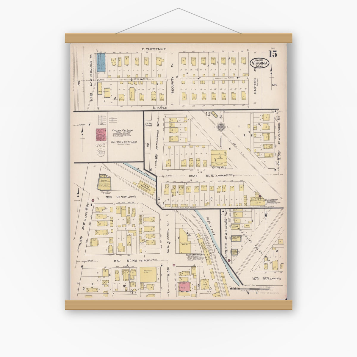 Old map wall art mockup — magnetic wood frame on white wall — Sanborn Fire Insurance Map from Virginia, Saint Louis County, Minnesota (1921), Sheet #0015