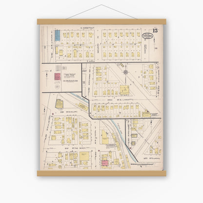 Old map wall art mockup — magnetic wood frame on white wall — Sanborn Fire Insurance Map from Virginia, Saint Louis County, Minnesota (1921), Sheet #0015