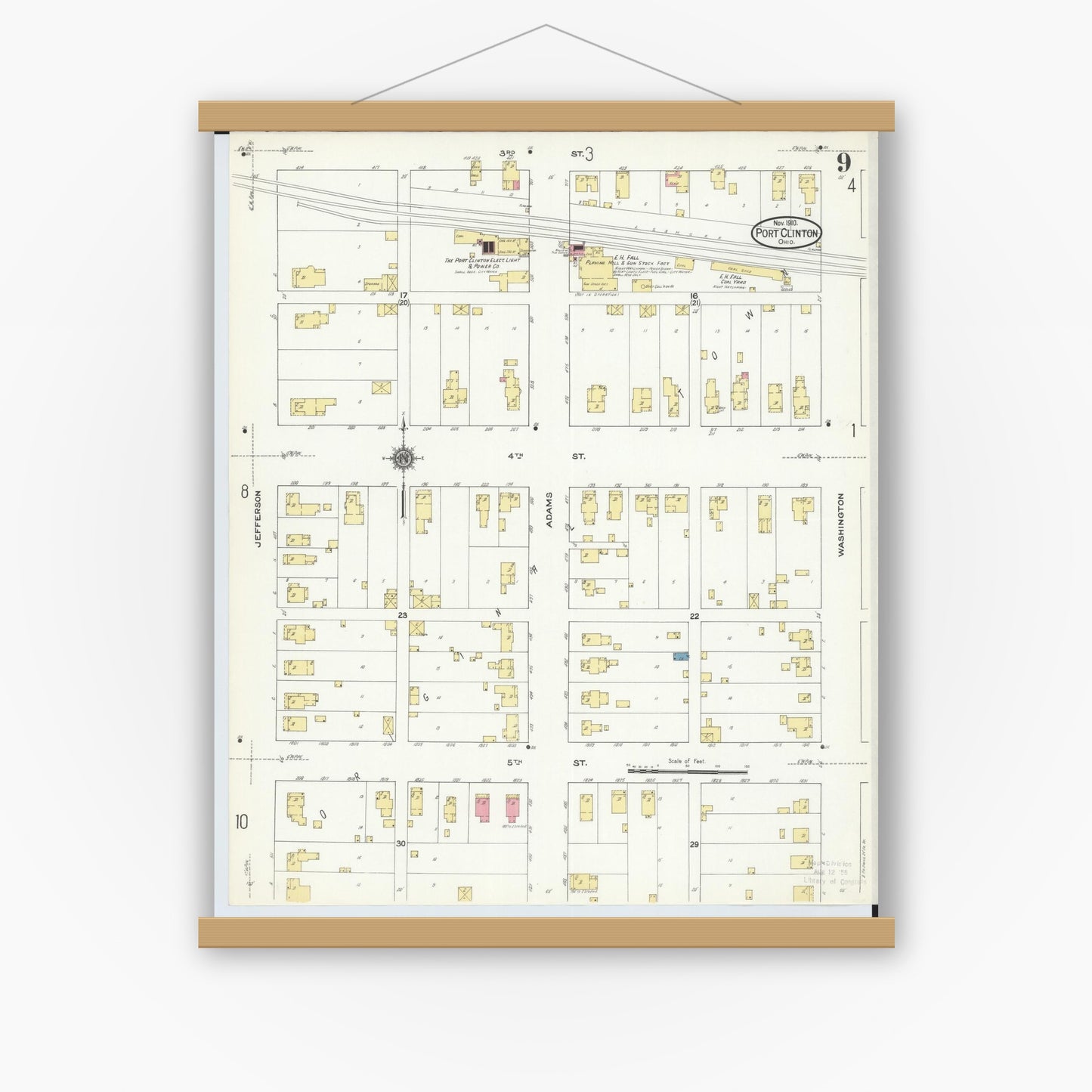 Old map wall art mockup — magnetic wood frame on white wall — Sanborn Fire Insurance Map from Port Clinton, Ottawa County, Ohio (1910), Sheet #0009