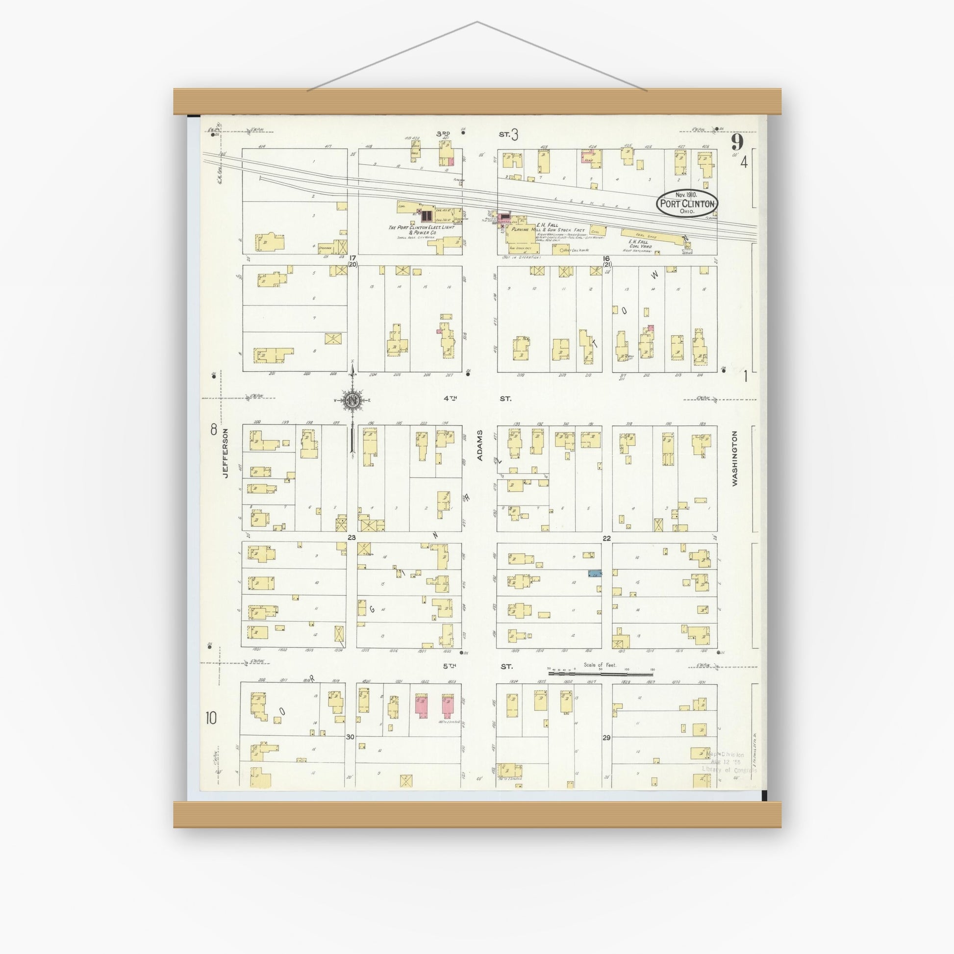 Old map wall art mockup — magnetic wood frame on white wall — Sanborn Fire Insurance Map from Port Clinton, Ottawa County, Ohio (1910), Sheet #0009