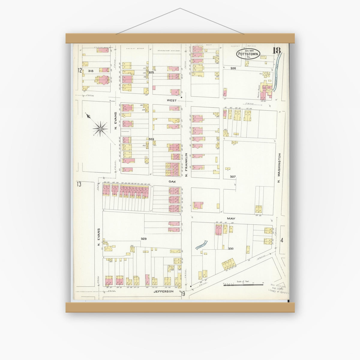 Old map wall art mockup — magnetic wood frame on white wall — Sanborn Fire Insurance Map from Pottstown, Montgomery County, Pennsylvania (1909), Sheet #0018