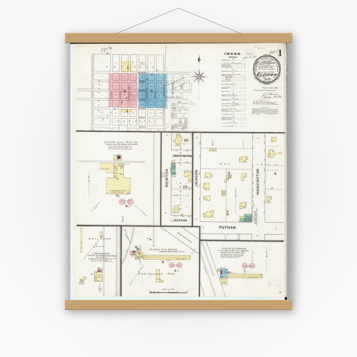 Old map wall art mockup — magnetic wood frame on white wall — Sanborn Fire Insurance Map from Eldora, Hardin County, Iowa (1893) â€” Complete Set